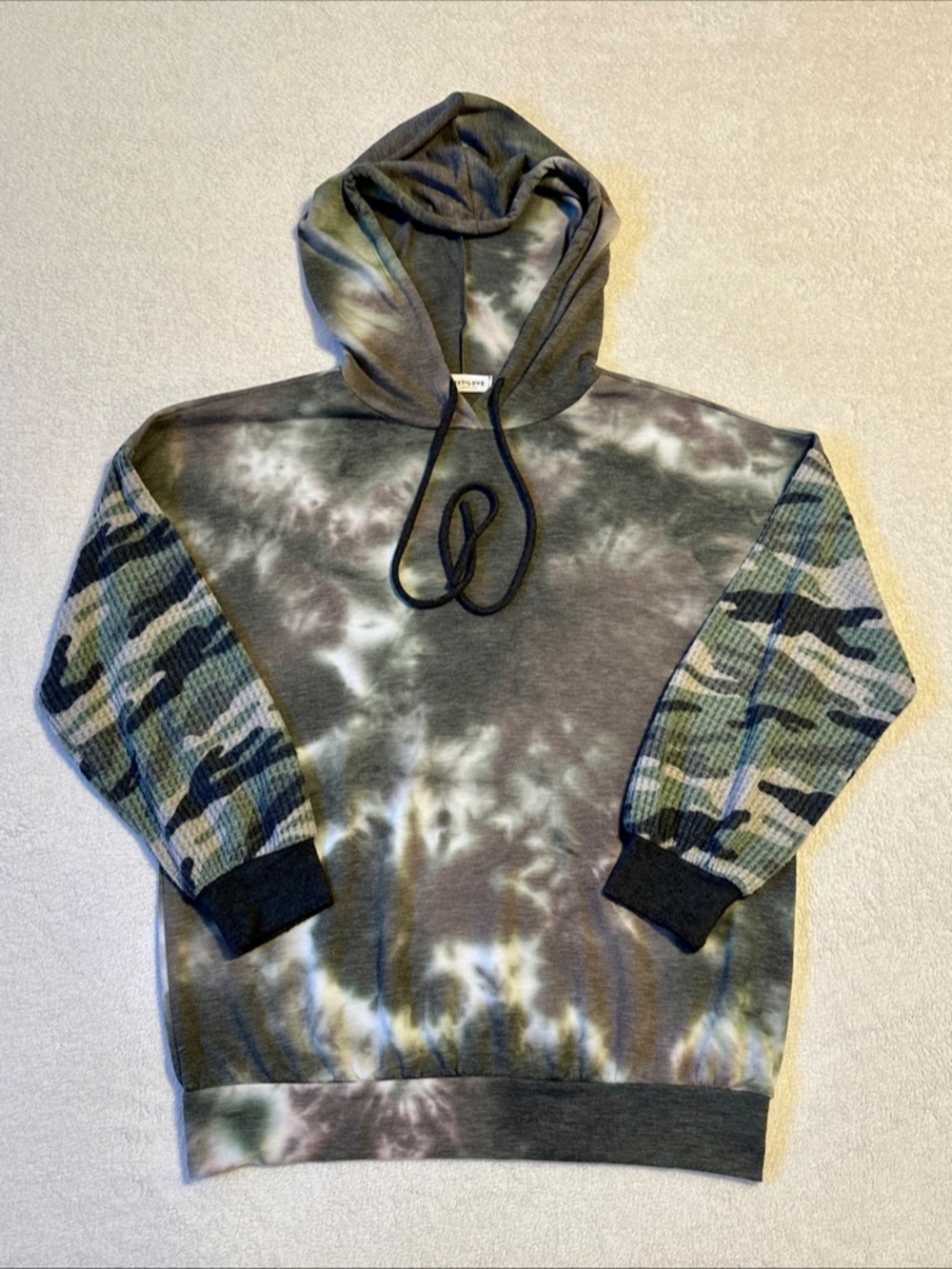 First Love By Lovelyn Mixed Media Hoodie - Small - Camo Tie Dye Waffle Knit Soft